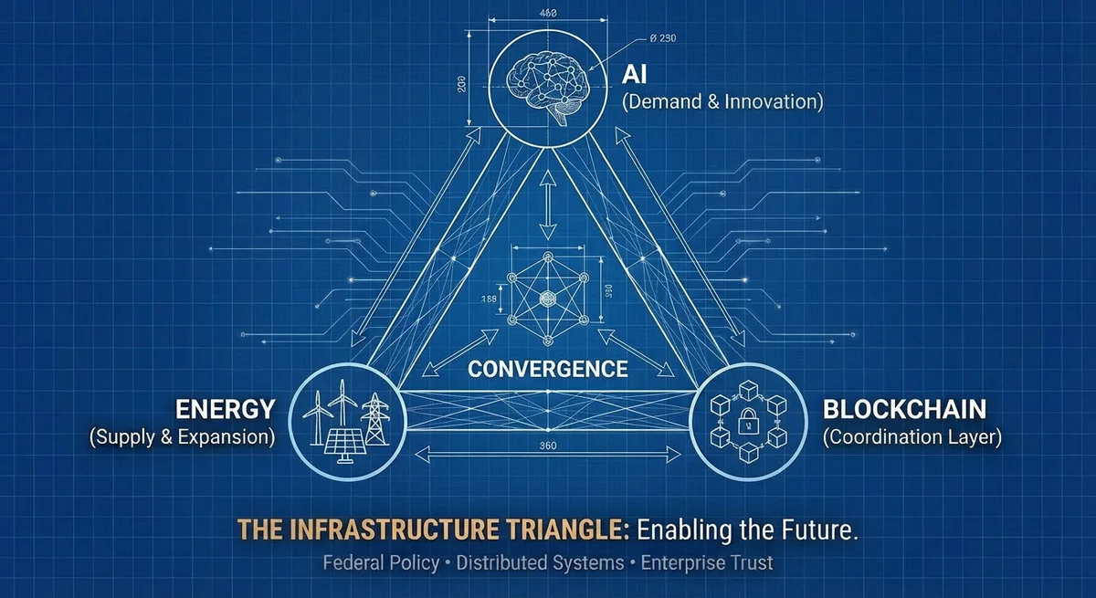 AI, energy, and blockchain convergence diagram illustrating enterprise infrastructure coordination