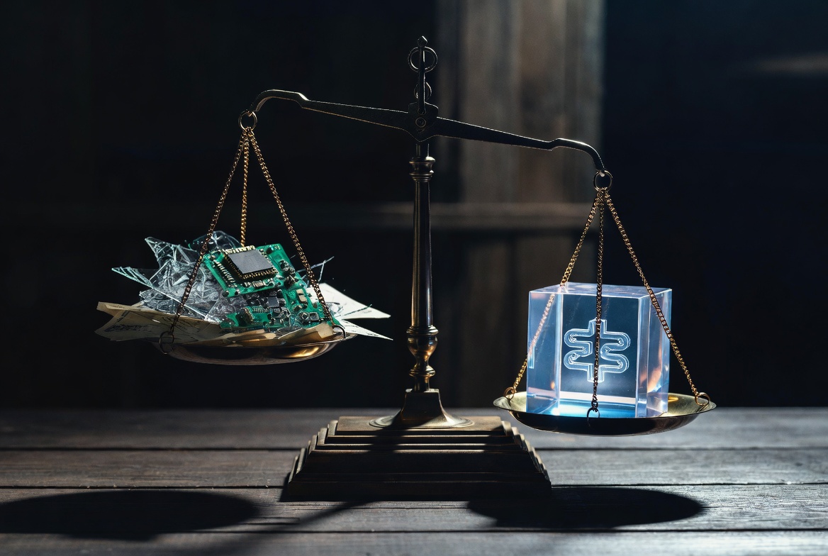 Futuristic cityscape representing AI system state and verifiable on-chain context for EU AI Act compliance