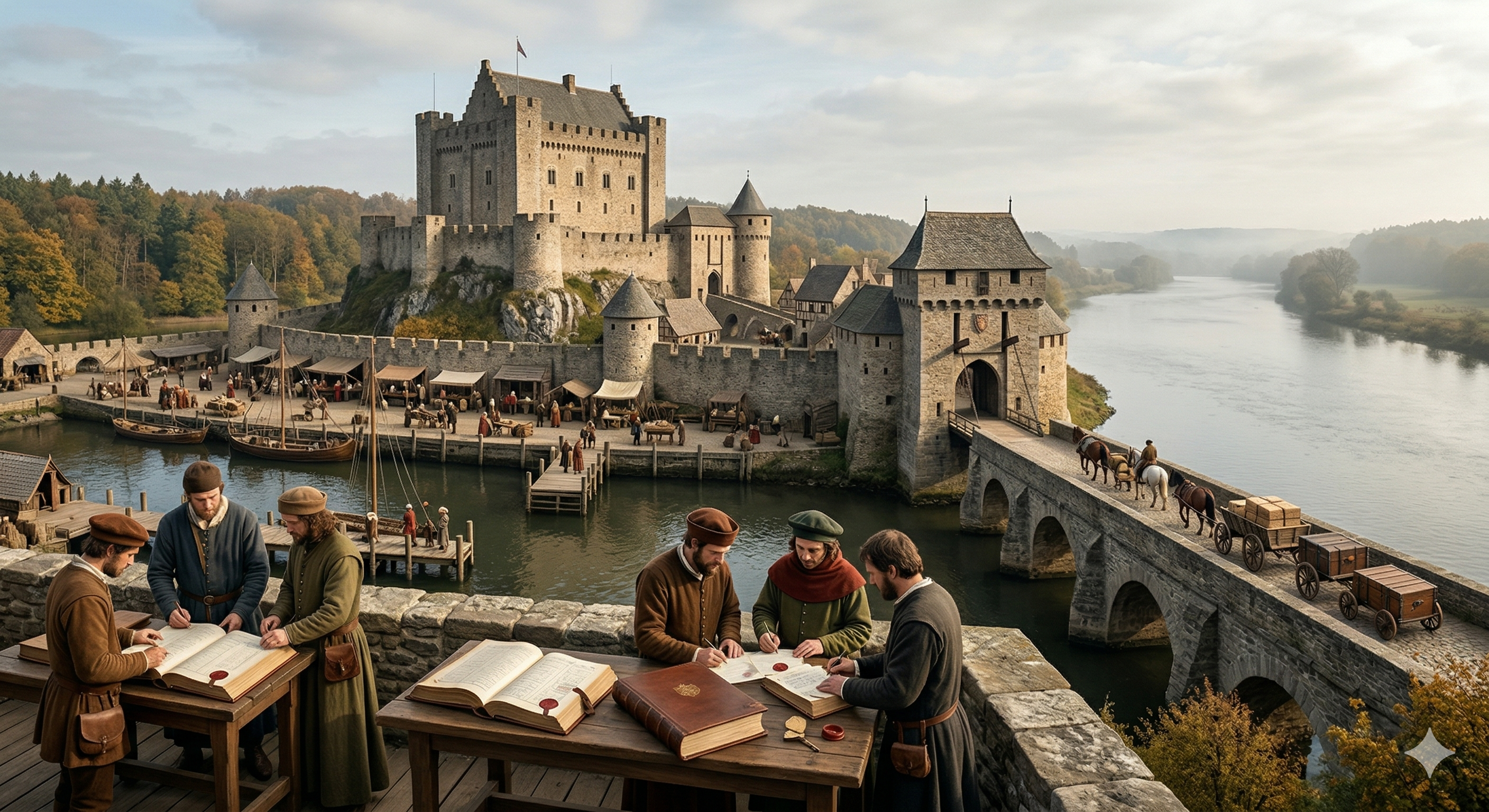 Medieval castle and trading port representing governed infrastructure before open-market expansion